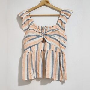 Loft Striped Top Flutter Sleeve Size S Linen Blend Romantic Cottagecore Coastal